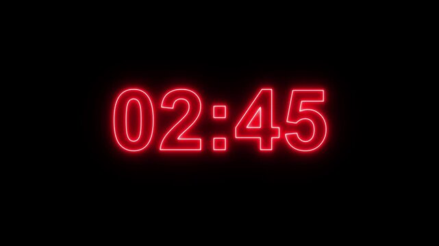 Glowing neon 3 minutes countdown with black background.3 Minute Digital Negative Countdown. seconds on transparent background 180 second countdown timer, Countdown video with alpha channel