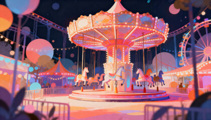 Obraz premium Spinning decorated swing carousel with suspended horses at night, with Ferris wheel and lanterns