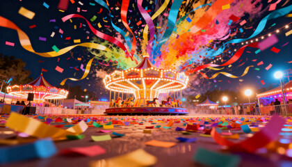 Obraz premium Spinning lit carousel with horses rimmed with bulbs at night, with confetti and guests in jackets