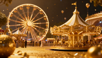 Fototapeta premium Glowing ornate carousel spinning at nighttime amusement plaza, with Ferris wheel, visitors in coats