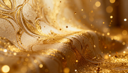 Shimmering ornate gold textile catching warm studio light in close-up, with metal threads, glitter
