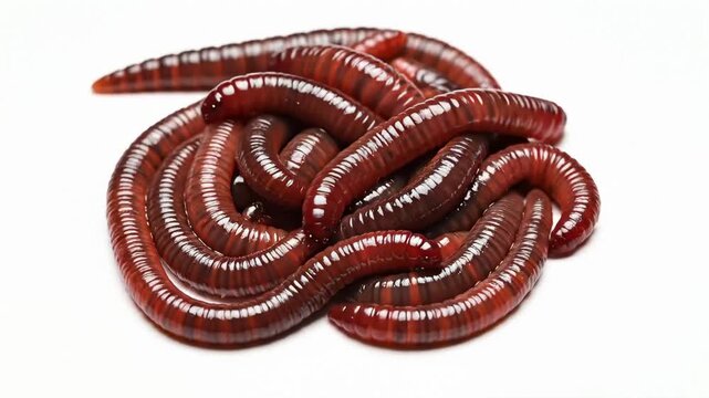 Pile of Red Earthworms Crawling on White Background, Close-Up Macro Shot