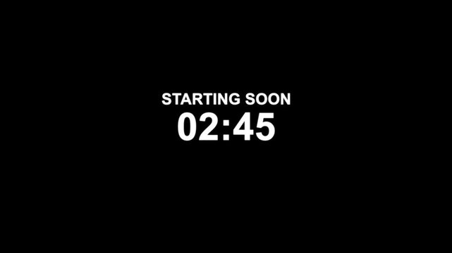 180 to 0 seconds, 3 minutes countdown with animated text streaming starting soon, 4k video on black background