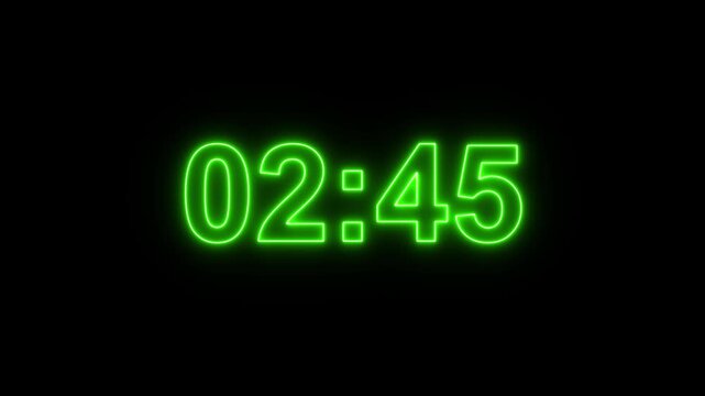 Glowing neon 3 minutes countdown with black background.3 Minute Digital Negative Countdown. seconds on transparent background 180 second countdown timer, Countdown video with alpha channel