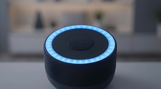 Closeup of a smart speaker with a vibrant blue LED ring highlight