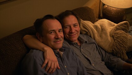 Obraz premium Sitting middle-aged men wearing casual shirts cuddling on brown sofa in living room with lamp
