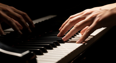 Fototapeta premium Detailed view of fingers playing melodies on grand piano