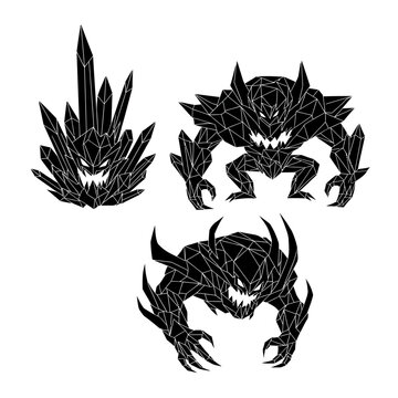 Monstrous Crystal Creatures: 3D Black Geometric Monsters on White Background