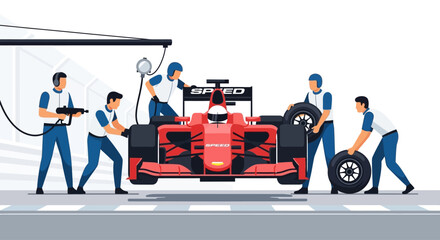 Fototapeta premium Formula 1 pit stop: racing team changing tires on a red car in a garage
