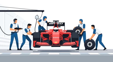 Fotobehang F1 Formula 1 pit stop: racing team changing tires on a red car in a garage  © Nofear