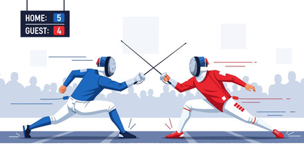 Fototapeta premium Fencers Competing in Championship Match with Scoreboard