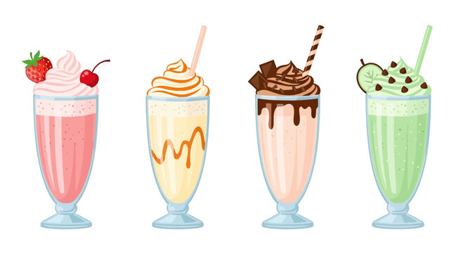 Four Delicious Milkshakes with Toppings: Strawberry, Caramel, Chocolate, Mint