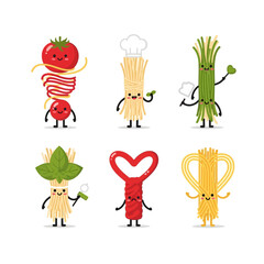 Fototapeta premium Cute Pasta Characters with Food Elements, Funny Italian Food Cartoon