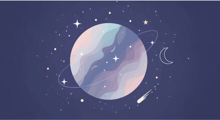 Whimsical Planet with Rings, Stars, and Crescent Moon in Cosmic Night Sky © Nofear