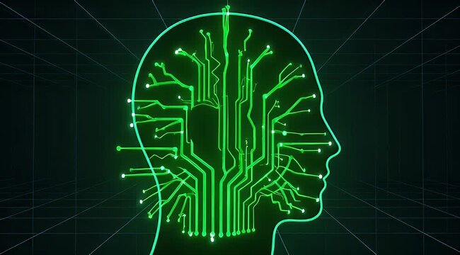 Green glowing outline of human head with circuit board interior design