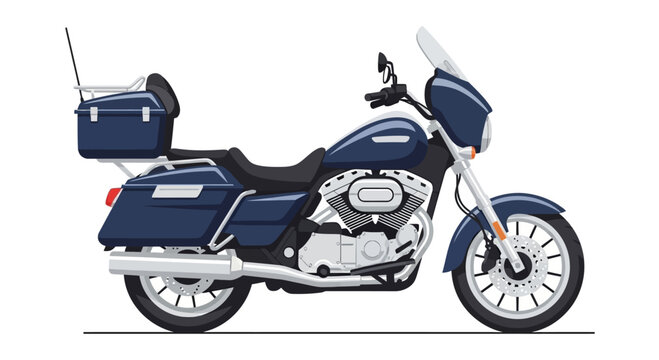 Blue touring motorcycle with saddlebags and top case, parked on white background