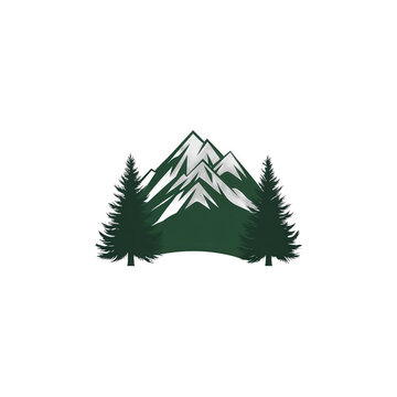 Gr&uuml;ner Berg mit schneebedeckten Gipfeln und Kiefern, Vektor-Logo f&uuml;r Outdoor-Abenteuer und Natur