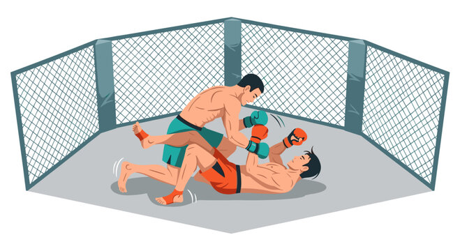 Dynamic illustration capturing two male mixed martial arts fighters engaged in a ground and pound technique within an octagon cage.