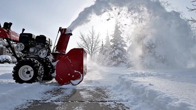 Red snow blower clearing winter driveway with bright sunlight