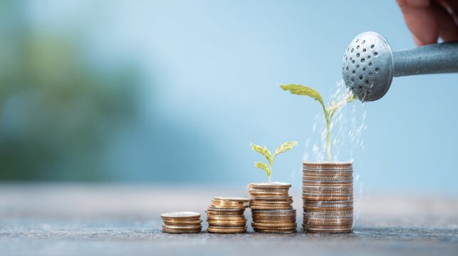 Coins stacked grow plants with watering can in soft light