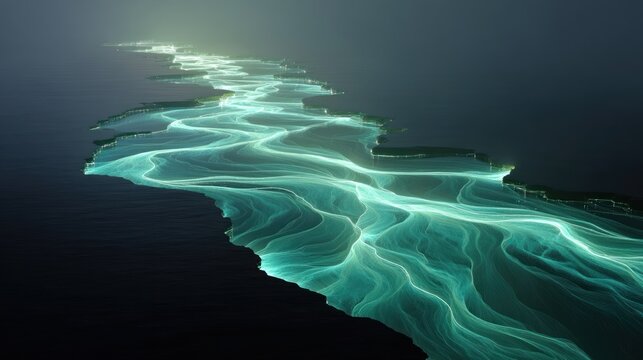 Glowing Turquoise Light River Over Dark Water Edge of Coastline