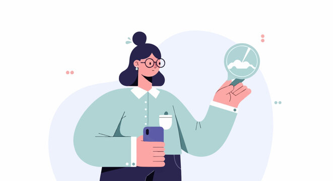 Woman in glasses with phone and magnifying glass examines cloud data