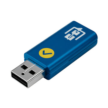 A blue usb flash drive with a yellow logo