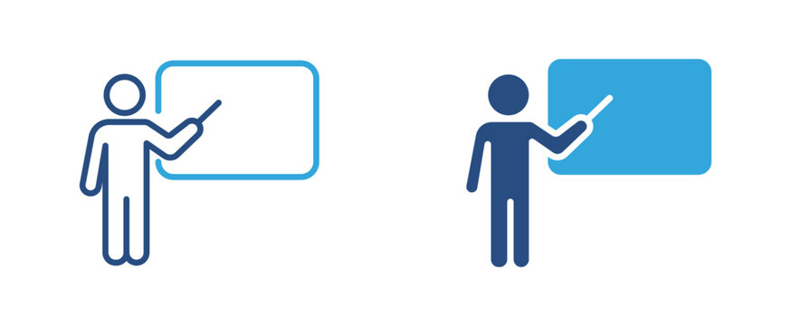 Teacher presentation icon set. Instructor pointing at board icon, education, training and classroom teaching concept. Vector illustration.