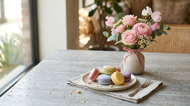 Pastel FPastel French macarons on a plate with a pink flower bouquet on a marble table in soft natural light. rench macarons with pink flower bouquet on marble table in soft natural window light. High