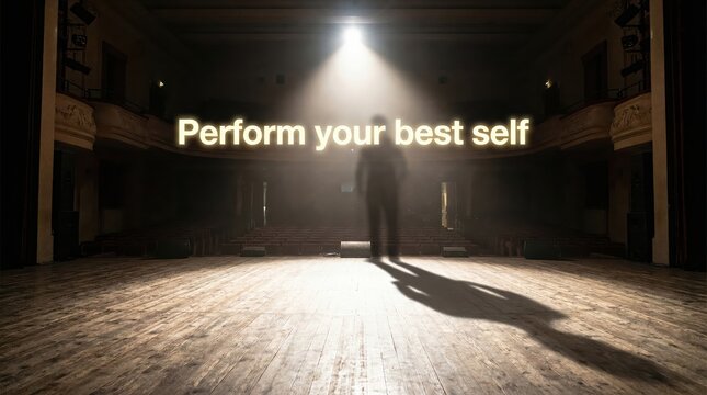 Figure illuminated on empty stage with motivational text