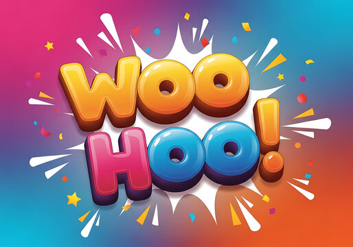 Colorful 3D woohoo donuts celebrating with confetti and sparkles on vibrant gradient background