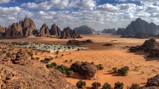 Vast desert landscape with dramatic rock formations under a cloudy sky