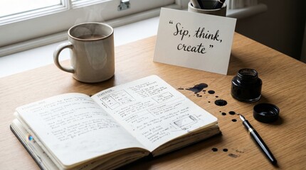 Open notebook with coffee and inspirational quote on desk