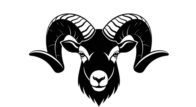 Ram head with large curved horns silhouette illustration.