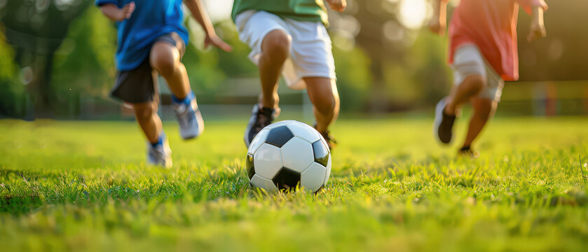 Group of children playing soccer on a green field in warm sunlight. Active outdoor game, teamwork, childhood energy, sport training and healthy lifestyle concept.