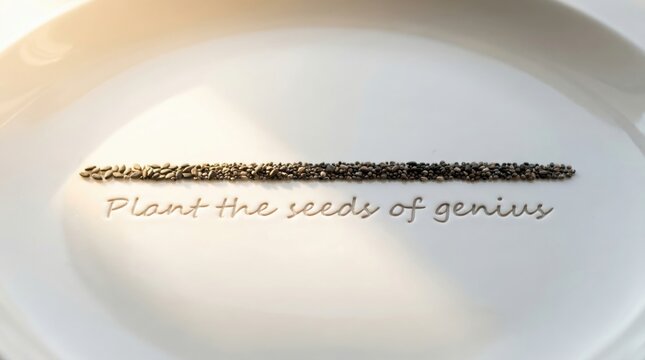 Seeds of Genius Text on White Surface