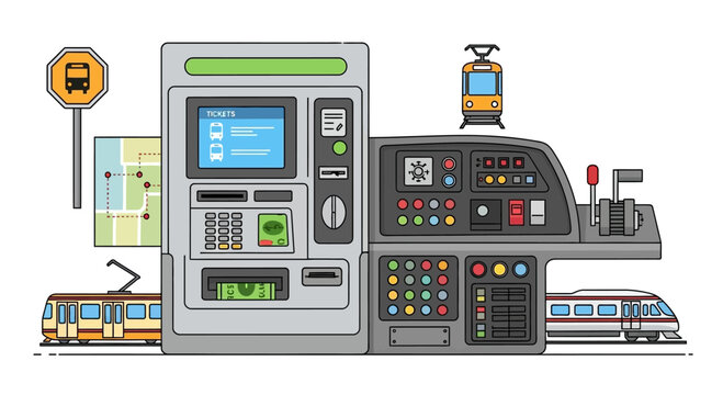 Public transport ticket machine and tram control panel with trains