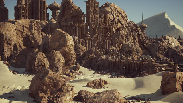 sunbaked outpost behind crumbling barricade, scout patrol inspects perimeter, tense surveillance atmosphere, windblown dust, distant watchtower and mountain