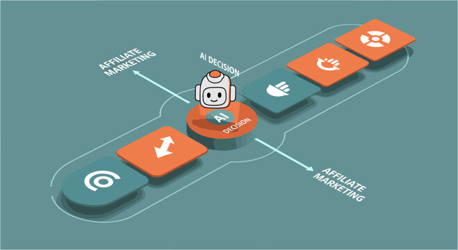 An AI bot makes strategic decisions in a complex affiliate marketing process, illustrating modern digital business and technological advancements.