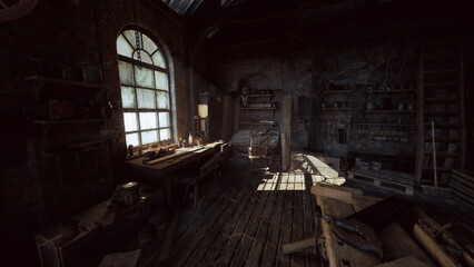 Obraz premium sunlit rustic woodshop with dusty floor and arched window casting patterned light across worn bench, scattered planks and hand tools, ladder leaning