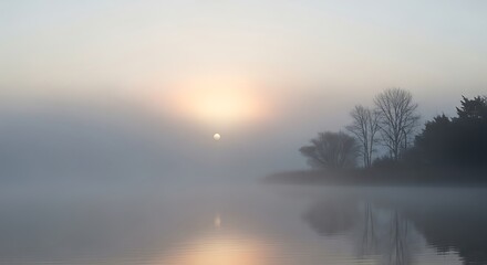 Obraz premium Misty sunrise over tranquil lake reflecting the sky and trees.