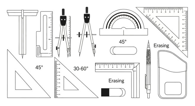 Drafting Tools Set: Compass, Rulers, Triangles, Protractor, Erasers