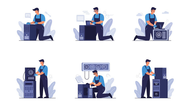 Computer Repair Technician Assembling and Fixing Desktop PCs and Servers