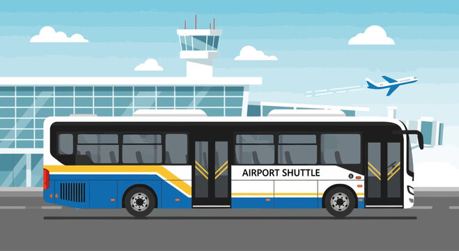 Airport shuttle bus at terminal with airplane taking off, modern transport concept