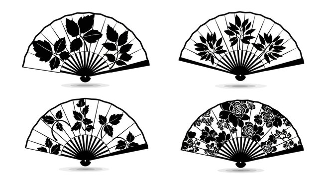 Set of Four Black and White Decorative Folding Fans with Floral and Leaf Patterns
