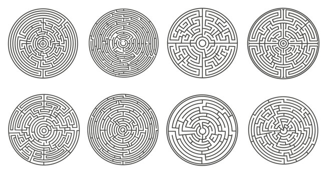 Set of 8 Circular Mazes, Labyrinths, Geometric Patterns, Vector Graphics