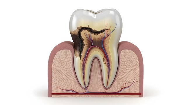 3D medical illustration of human tooth anatomy with deep cavity and tooth decay