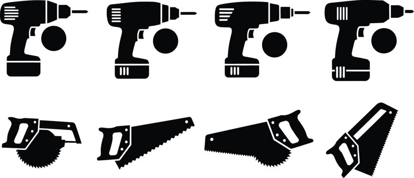 Drill and driver bits set icons in black silhouette on white background