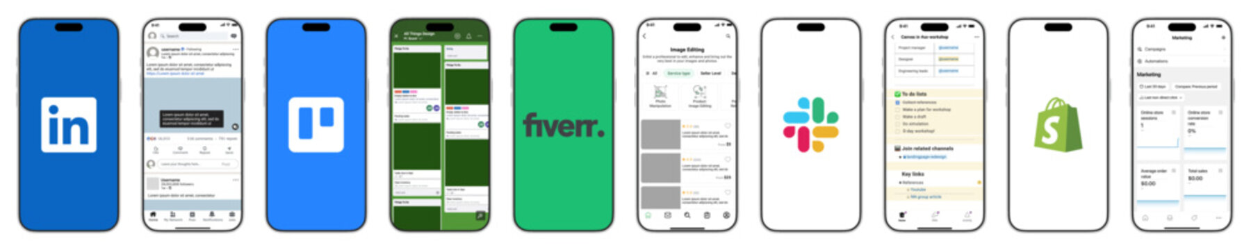 LinkedIn Trello Fiverr Slack Shopify Mobile Application Interfaces on Smartphone Screens
Popular Business and Productivity Apps UI Design Template for Mobile Technology