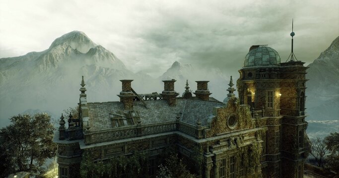 Abandoned observatory mansion perched on ridge with domed roof and broken parapets, dense mist rolling over mountain slopes, silent chimneys and eroded